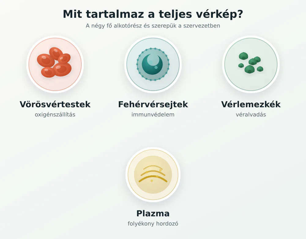 A vér összetevőit bemutató infografika: vörösvérsejtek, fehérvérsejtek, vérlemezkék és vérplazma szerepe